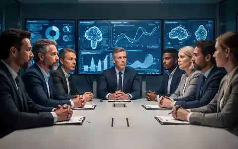 Eine Gruppe von Betriebsratsmitgliedern diskutiert ernsthaft an einem Konferenztisch, mit digitalen Bildschirmen im Hintergrund, die KI andeuten. - Foto: über boerse-global.de