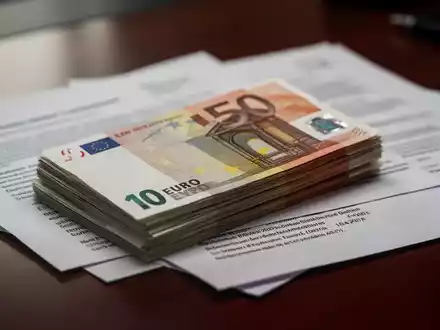 Ein Stapel deutscher Euro-Banknoten, teilweise verdeckt von unscharfen Regierungsdokumenten auf einem dunklen Holztisch. - Foto: über boerse-global.de