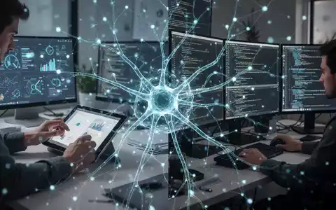 A glowing neural network connects a graphic designer's tablet with a software developer's multiple monitors, symbolizing AI's role in creative and coding workflows. - Foto: über boerse-global.de