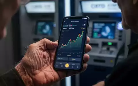 An older adult's hand holding a smartphone showing a fake crypto investment app, with a blurred crypto ATM in the background. - Foto: über boerse-global.de