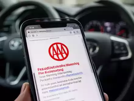 A smartphone screen shows a scam email with a fake AAA logo and a warning about vehicle regulations, in a car interior. - Foto: über boerse-global.de
