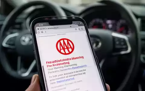 A smartphone screen shows a scam email with a fake AAA logo and a warning about vehicle regulations, in a car interior. - Foto: über boerse-global.de