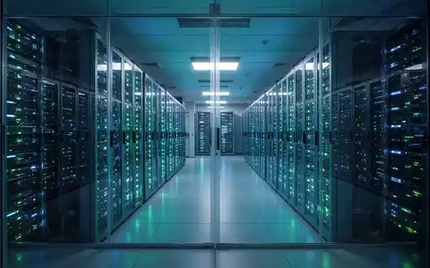 Ein modernes Rechenzentrum mit Reihen von Server-Racks hinter einer Glaswand, blau und grün beleuchtet. - Foto: über boerse-global.de