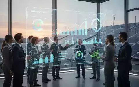 Geschäftsleute diskutieren Energiedaten vor einem Bildschirm, mit Solaranlagen auf einem Dach im Hintergrund. - Foto: über boerse-global.de