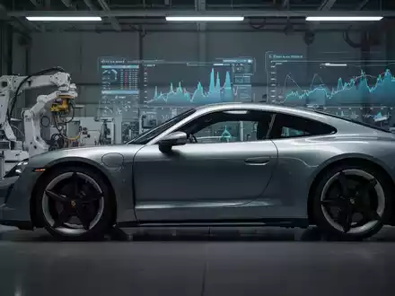 Ein elegantes Porsche-Sportauto in einer modernen Produktionsstätte, mit angedeuteten Finanzgrafiken im Hintergrund. - Foto: über boerse-global.de