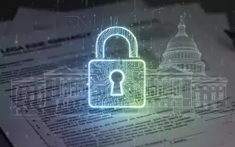 Ein abstraktes, digitales Schloss-Symbol vor verschwommenen Rechtsdokumenten und einem Regierungsgebäude, das Datenschutz und Compliance darstellt. - Foto: über boerse-global.de