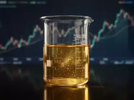 Ein Glasbecher mit goldener Flüssigkeit, der Duftstoffe symbolisiert, mit einer verschwommenen Finanzgrafik im Hintergrund. - Foto: über boerse-global.de