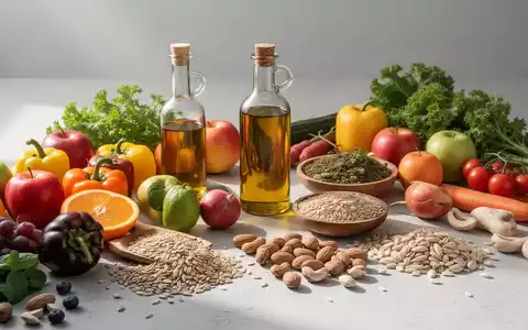 Eine Nahaufnahme einer Auswahl an gesunden Lebensmitteln, darunter Obst, Gemüse, Nüsse und Olivenöl, die eine ausgewogene Ernährung symbolisieren. - Foto: über boerse-global.de