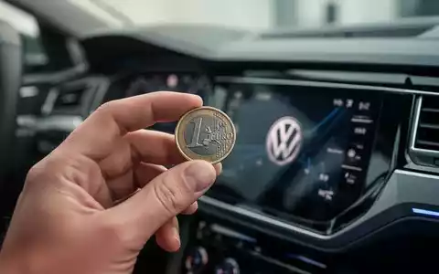 Eine Hand hält eine Euro-Münze, die das Armaturenbrett eines Volkswagen-Autos widerspiegelt, um die Dividende darzustellen. - Foto: über boerse-global.de