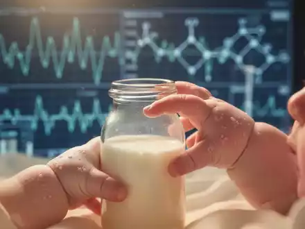 Nahaufnahme einer Babyhand, die eine Milchflasche berührt, mit verschwommenem Hintergrund, der Forschungsdaten zu Säuglingsnahrung und Neurodermitis darstellt. - Foto: über boerse-global.de
