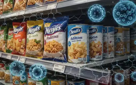 Verarbeitete Lebensmittel auf einem Supermarktregal, mit einer subtilen Überlagerung von chemischen Formeln, die Zusatzstoffe symbolisieren. - Foto: über boerse-global.de