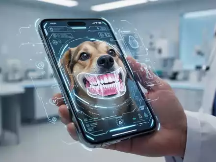 A smartphone screen shows an AI analysis of a dog's teeth, indicating a health diagnosis. A hand holds the phone. - Foto: über boerse-global.de