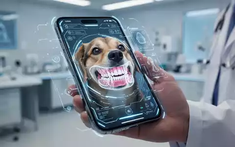 A smartphone screen shows an AI analysis of a dog's teeth, indicating a health diagnosis. A hand holds the phone. - Foto: über boerse-global.de