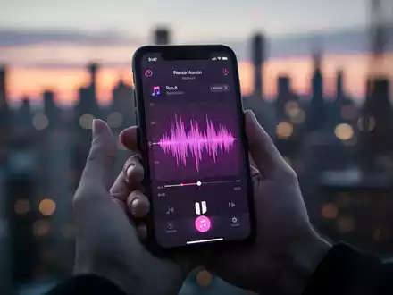 A hand holds an iPhone showing a music recognition app. The background is a blurred cityscape at dusk, suggesting connectivity. - Foto: über boerse-global.de