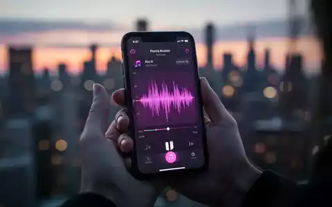 A hand holds an iPhone showing a music recognition app. The background is a blurred cityscape at dusk, suggesting connectivity. - Foto: über boerse-global.de