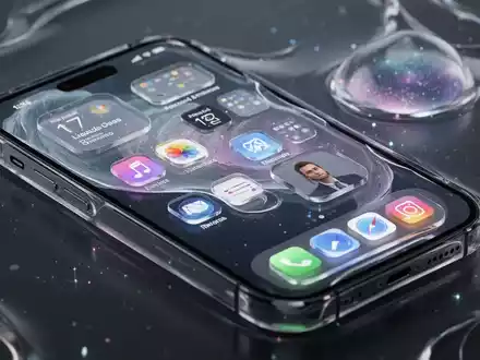 A close-up of an iPhone screen displaying a customizable home screen with translucent 'Liquid Glass' app icons and AI-generated wallpaper. - Foto: über boerse-global.de