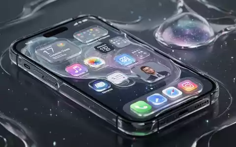 A close-up of an iPhone screen displaying a customizable home screen with translucent 'Liquid Glass' app icons and AI-generated wallpaper. - Foto: über boerse-global.de