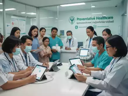 Menschen nehmen an einem Gemeinschafts-Gesundheitsscreening in einer modernen Klinik in Südostasien teil, mit digitalen Geräten. - Foto: über boerse-global.de