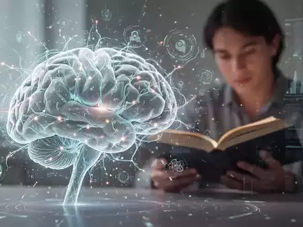 Ein stilisiertes Gehirn mit leuchtenden neuronalen Pfaden, umgeben von digitalen KI-Elementen. Im Hintergrund liest eine Person ein Buch. - Foto: über boerse-global.de