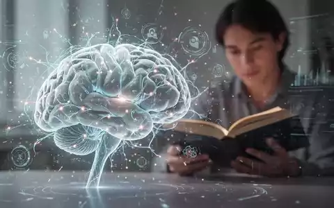 Ein stilisiertes Gehirn mit leuchtenden neuronalen Pfaden, umgeben von digitalen KI-Elementen. Im Hintergrund liest eine Person ein Buch. - Foto: über boerse-global.de