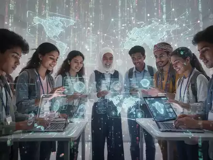 Students and teachers from diverse regions interacting with digital learning interfaces and AI educational tools, symbolizing global tech integration in education. - Foto: über boerse-global.de