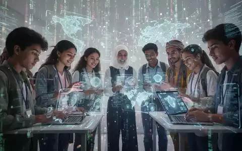 Students and teachers from diverse regions interacting with digital learning interfaces and AI educational tools, symbolizing global tech integration in education. - Foto: über boerse-global.de