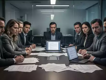 Eine Gruppe von Menschen sitzt mit ernsten Gesichtern an einem Konferenztisch, umgeben von Dokumenten und einem Laptop. - Foto: über boerse-global.de