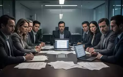 Eine Gruppe von Menschen sitzt mit ernsten Gesichtern an einem Konferenztisch, umgeben von Dokumenten und einem Laptop. - Foto: über boerse-global.de