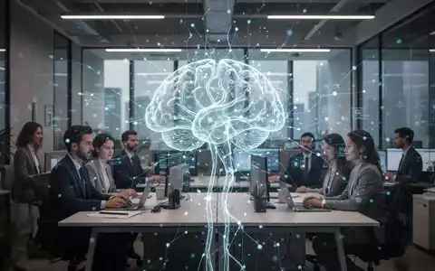 Eine stilisiertes, leuchtendes neuronales Netzwerk schwebt über einem modernen Schreibtisch in einem HR-Büro, Symbiose von Mensch und Technologie. - Foto: über boerse-global.de