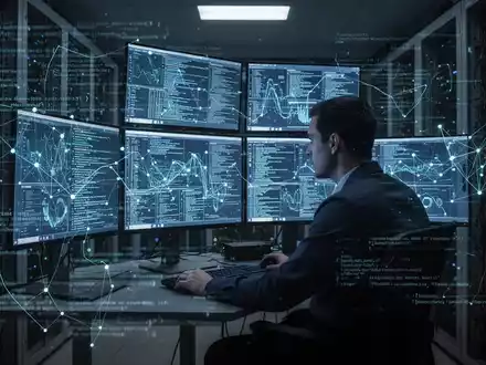 A cybersecurity professional reviews data on multiple computer screens in a dark server room, visualizing digital threats. - Foto: über boerse-global.de