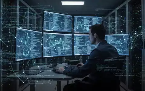 A cybersecurity professional reviews data on multiple computer screens in a dark server room, visualizing digital threats. - Foto: über boerse-global.de
