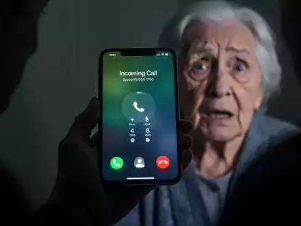 A shadowy hand holds a smartphone displaying a spoofed caller ID. In the blurred background, an anxious elderly person. - Foto: über boerse-global.de