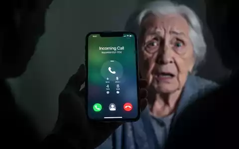 A shadowy hand holds a smartphone displaying a spoofed caller ID. In the blurred background, an anxious elderly person. - Foto: über boerse-global.de