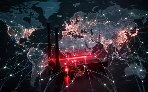 A dark, ominous image of a network router glowing red, connected by digital lines to a global map with illuminated nodes in East Asia. - Foto: über boerse-global.de