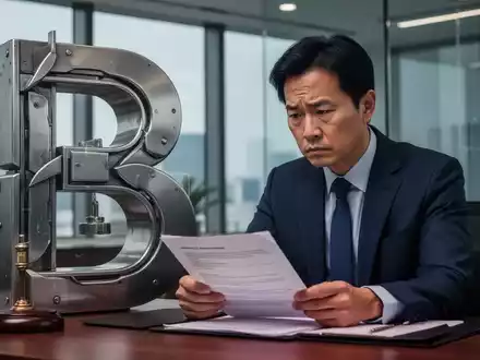 Ein besorgter Anwalt asiatischer Herkunft in einem modernen Büro, der Dokumente prüft, mit abstrakten Metallformen im Hintergrund. - Foto: über boerse-global.de