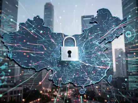 Eine stilisierte, hochtechnologische Karte Chinas mit digitalen Datenströmen und einem Vorhängeschloss, das Datenkontrolle symbolisiert. - Foto: über boerse-global.de
