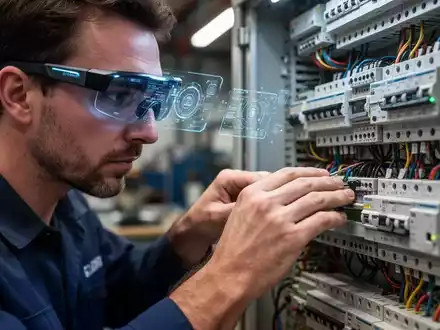 Nahaufnahme eines Handwerkers mit moderner Smart-Brille, der an einem komplexen Schaltkasten arbeitet. Die Brille zeigt digitale Überlagerungen. - Foto: über boerse-global.de