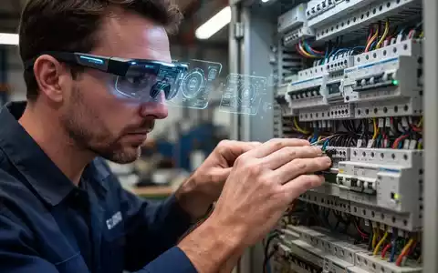 Nahaufnahme eines Handwerkers mit moderner Smart-Brille, der an einem komplexen Schaltkasten arbeitet. Die Brille zeigt digitale Überlagerungen. - Foto: über boerse-global.de