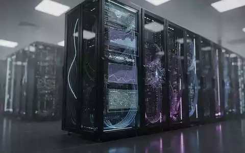 Ein futuristischer Supercomputer-Server-Rack mit leuchtenden Mustern in einem hochmodernen Rechenzentrum, der immense Rechenleistung symbolisiert. - Foto: über boerse-global.de