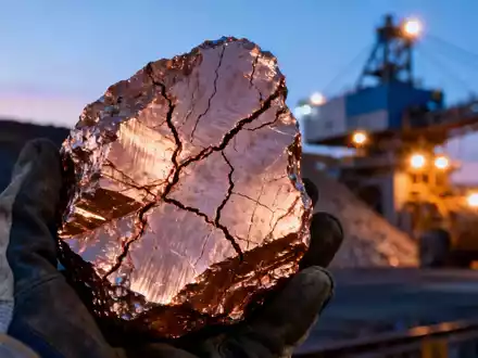 Nahaufnahme eines glänzenden Kupfererzbrockens, gehalten von einer behandschuhten Hand, mit Bergbauinfrastruktur im Hintergrund. - Foto: über boerse-global.de