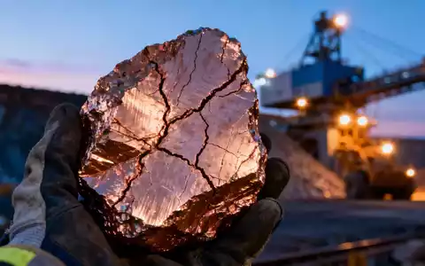 Nahaufnahme eines glänzenden Kupfererzbrockens, gehalten von einer behandschuhten Hand, mit Bergbauinfrastruktur im Hintergrund. - Foto: über boerse-global.de