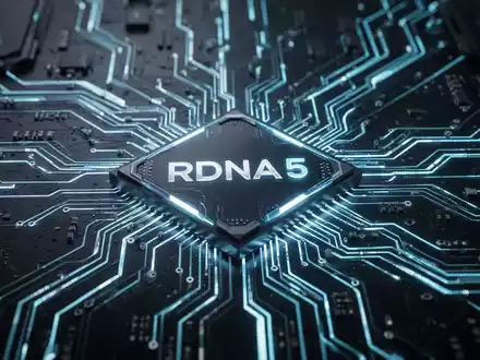 A close-up of a futuristic, glowing circuit board with a central chip labeled 'RDNA 5', symbolizing next-gen GPU technology. - Foto: über boerse-global.de