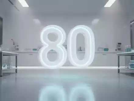 Eine leuchtende '80' Ziffer in einer futuristischen Forschungsumgebung, symbolisiert den Fortschritt klinischer Studien. - Foto: über boerse-global.de