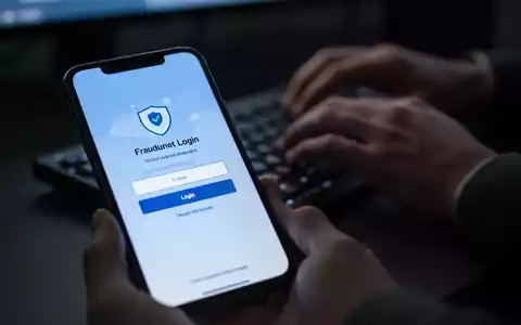 A close-up of a smartphone screen showing a fake O2 login page, with blurred hands typing on a keyboard in the background. - Foto: über boerse-global.de