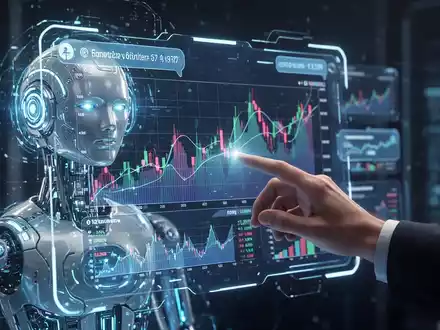 A futuristic AI chatbot interface showing financial data and charts on a holographic screen, with a hand interacting. - Foto: über boerse-global.de