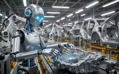 A humanoid robot with glowing blue eyes working on an automotive assembly line, precisely handling car components in a modern factory. - Foto: über boerse-global.de