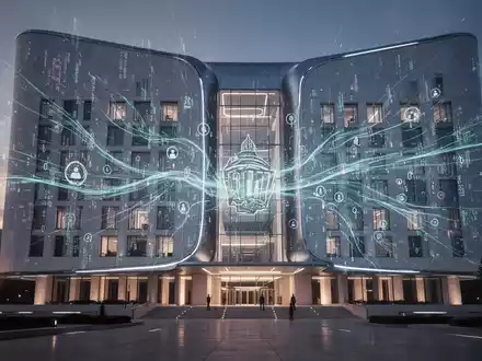 A modern government building with digital data streams flowing across its exterior, symbolizing digital governance and data policy. - Foto: über boerse-global.de