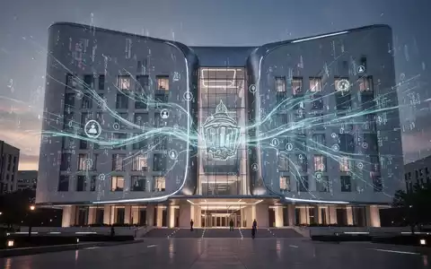A modern government building with digital data streams flowing across its exterior, symbolizing digital governance and data policy. - Foto: über boerse-global.de