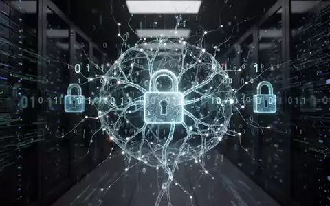 A glowing neural network intertwined with binary code and digital locks, symbolizing AI threats and cybersecurity in software supply chains. - Foto: über boerse-global.de