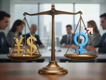 Eine Waage, die Lohngerechtigkeit und Gleichstellung der Geschlechter symbolisiert, mit verschwommenen Büroarbeitern im Hintergrund. - Foto: über boerse-global.de